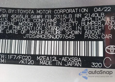 2022 Toyota Corolla Se z USA, uszkodzony, nr VIN JTDS4MCE5NJ097645